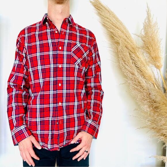 NEW PSYCHO BUNNY Blue Red White Plaid Flannel Print Button Long Sleeve Shirt M - Picture 1 of 9